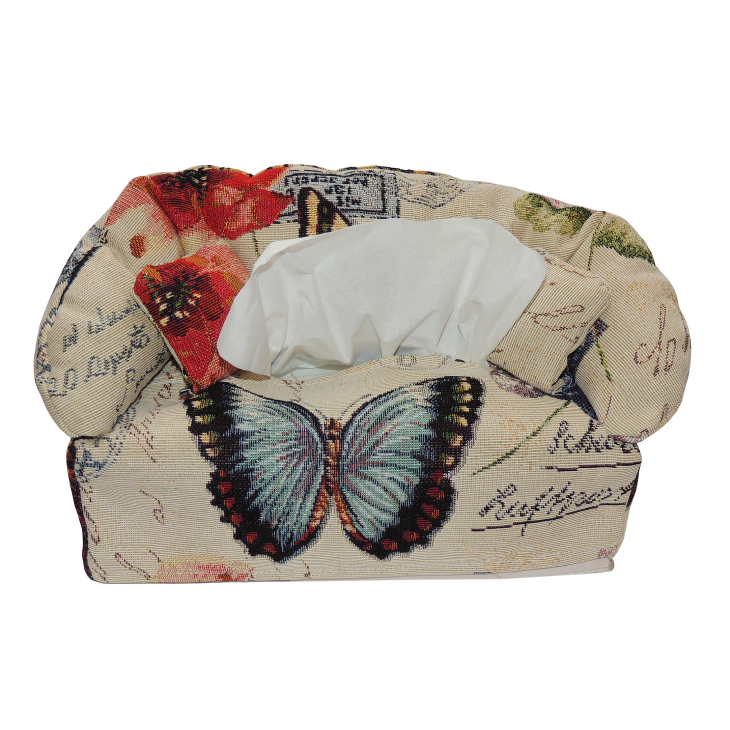 Taschentuchbox Überzug als Sofa dargestellt. Schmetterling