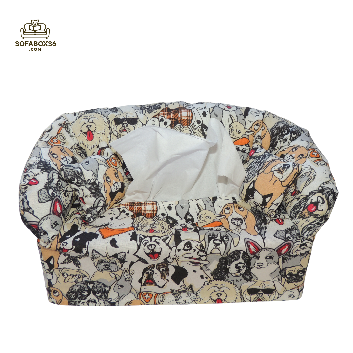 Funda para caja de pañuelos representada como un sofá. Perros.