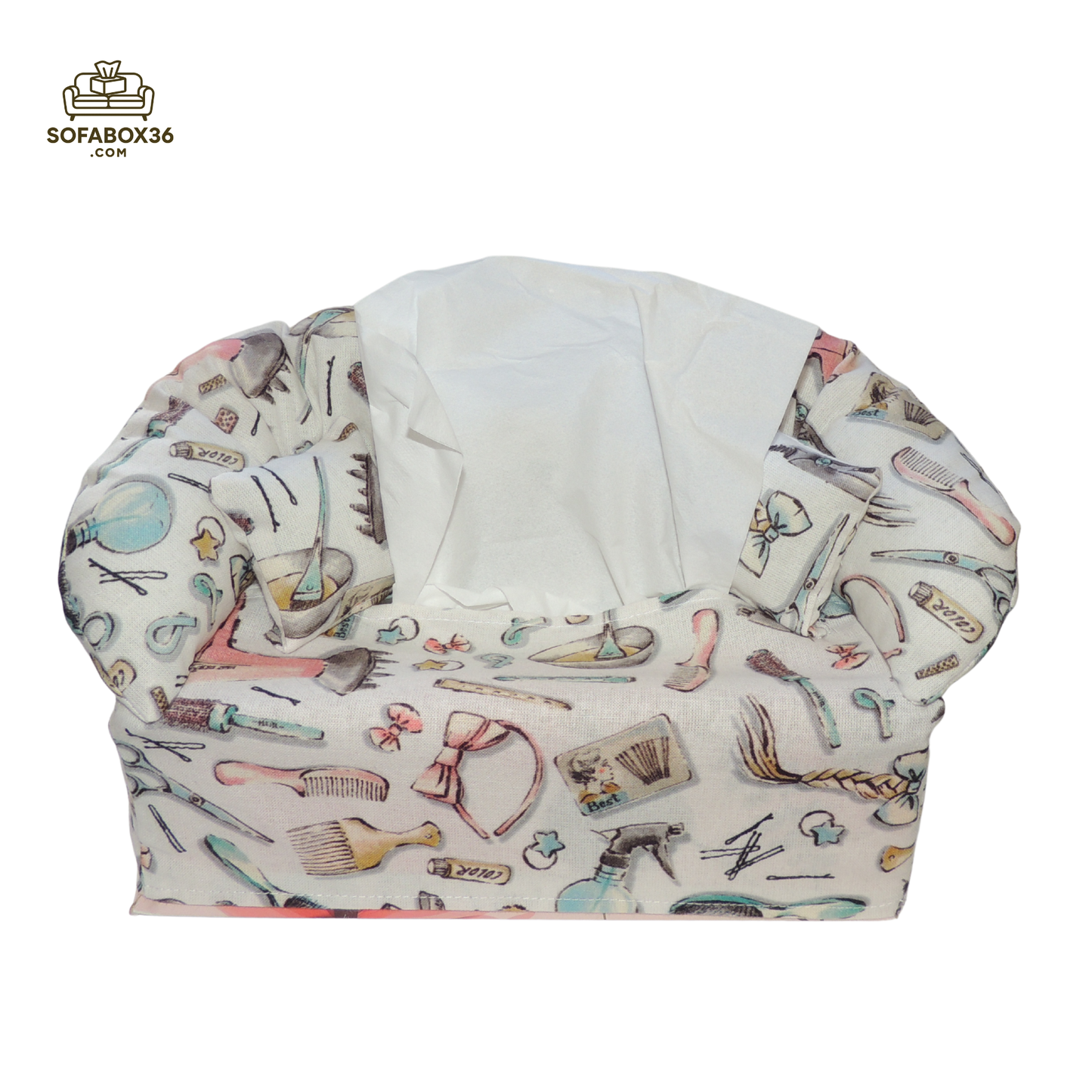 Funda de caja de pañuelos con forma de sofá. Peluquería.