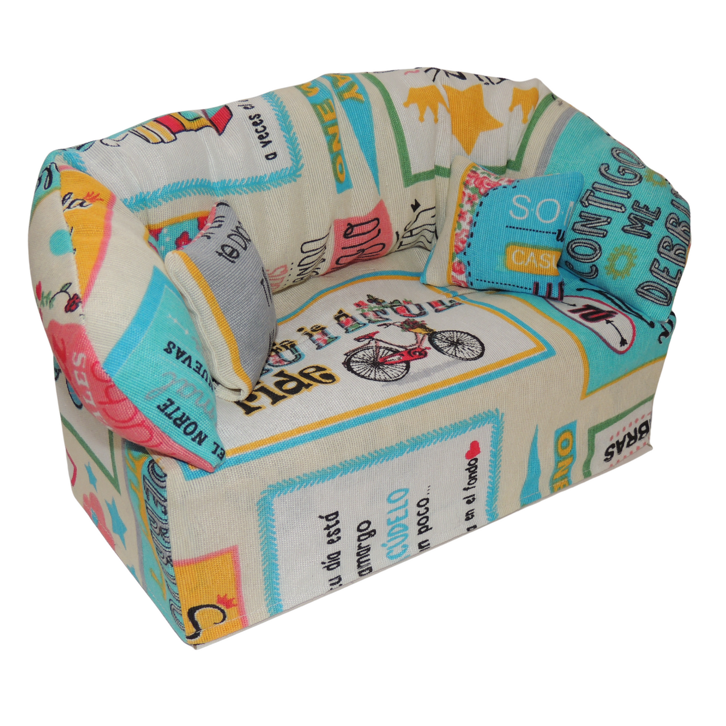 Taschentuchbox Überzug als Sofa dargestellt. Text