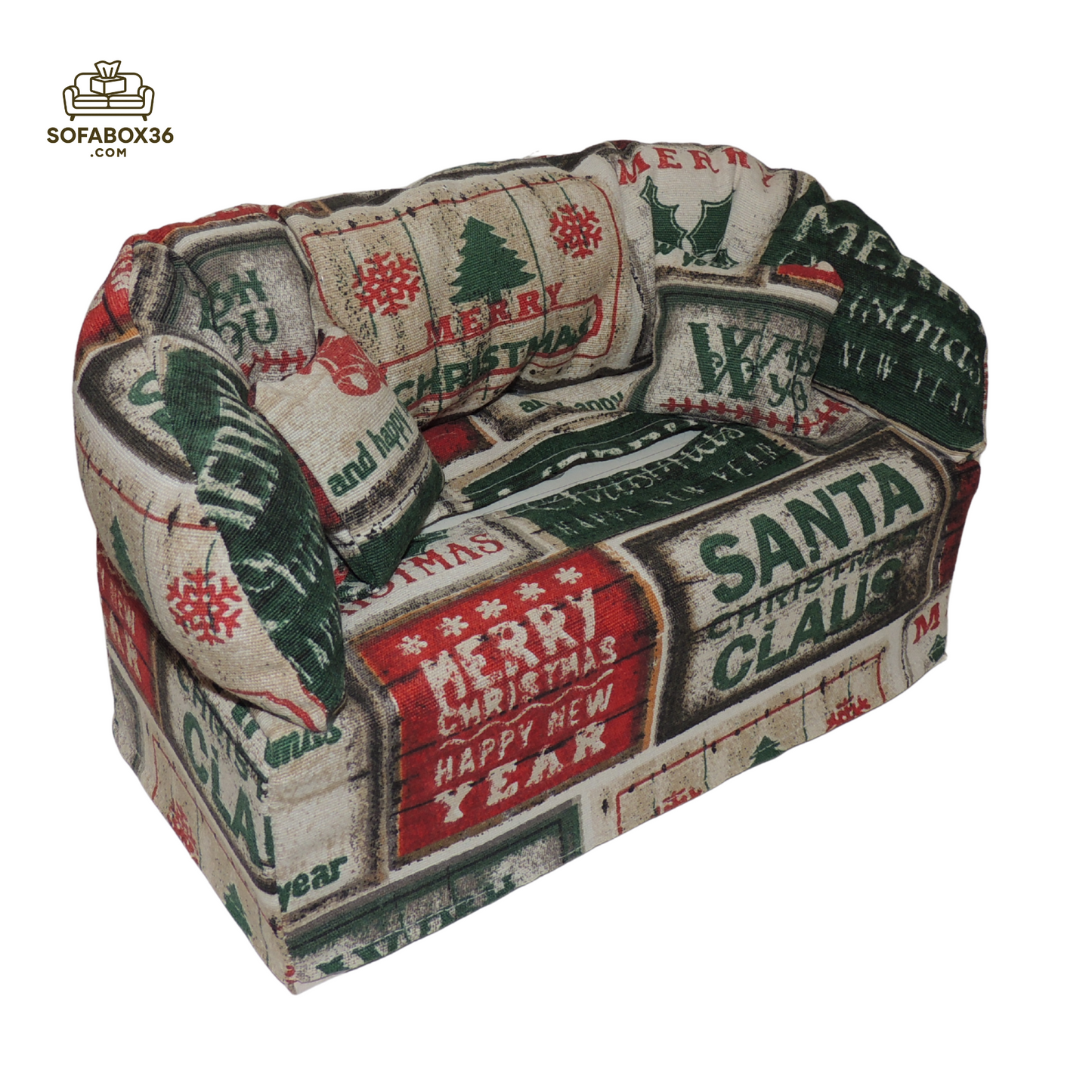 Taschentuchbox Überzug als Sofa dargestellt. Weihnachten
