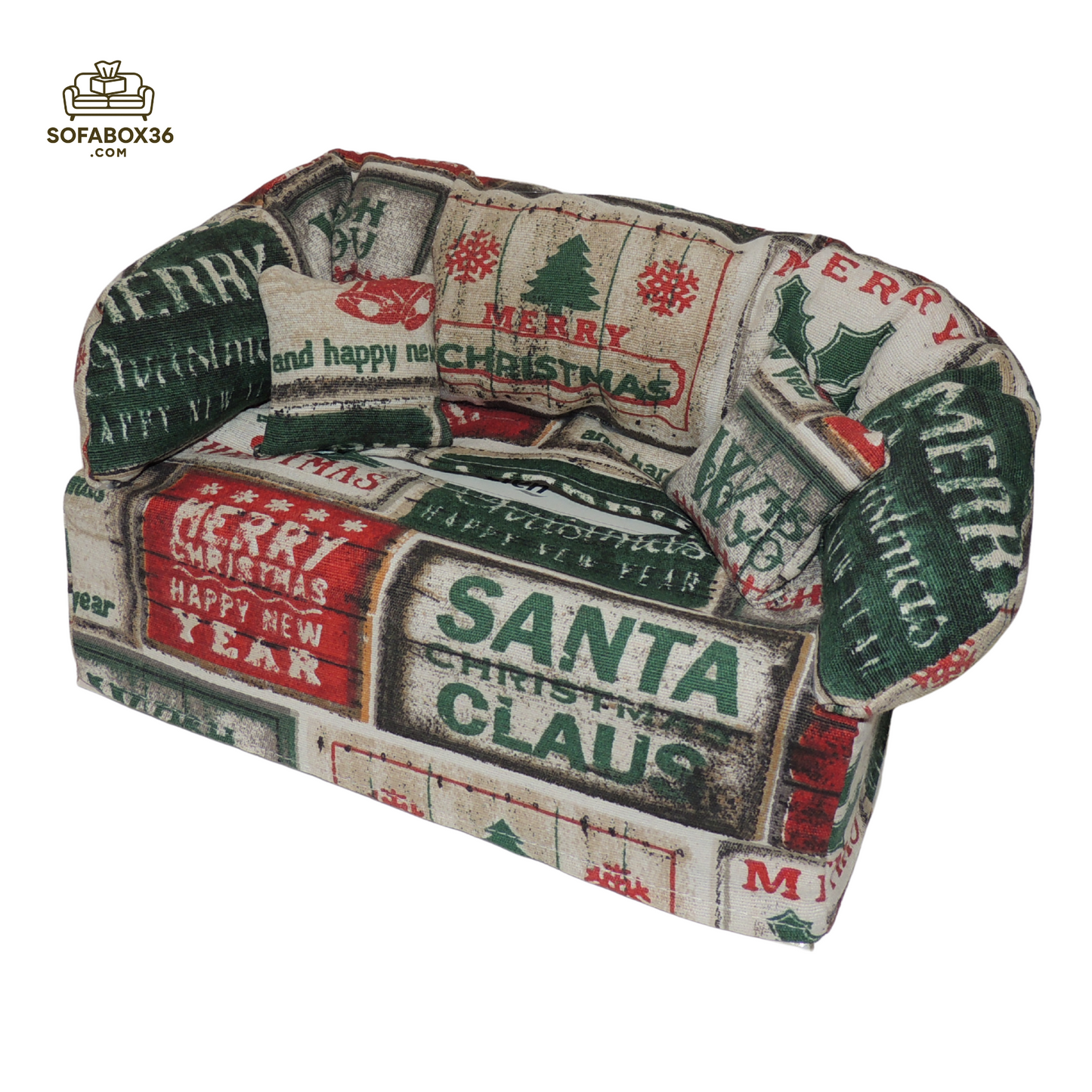 Taschentuchbox Überzug als Sofa dargestellt. Weihnachten