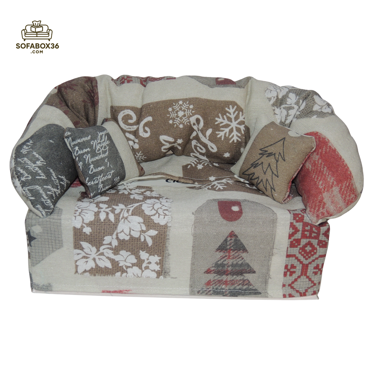 Taschentuchbox Überzug als Sofa dargestellt. Weihnachten