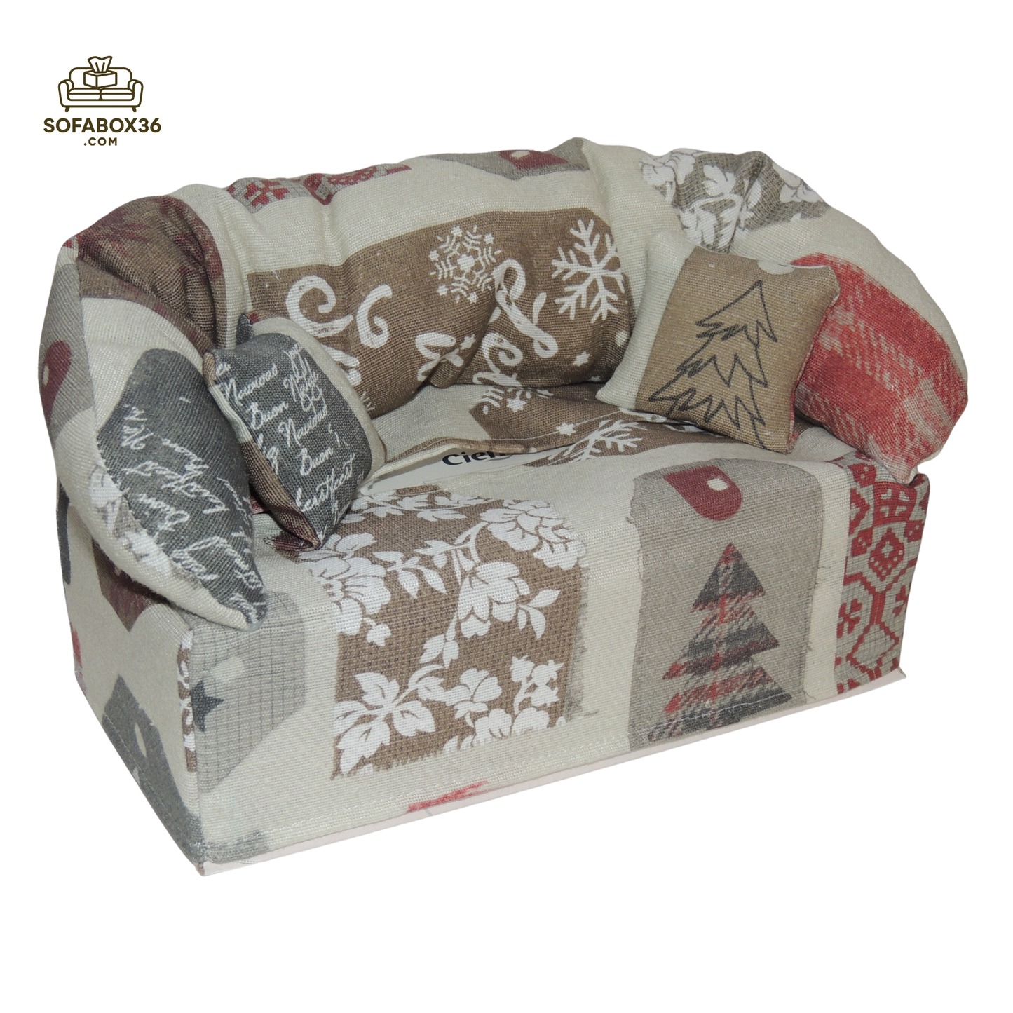 Taschentuchbox Überzug als Sofa dargestellt. Weihnachten