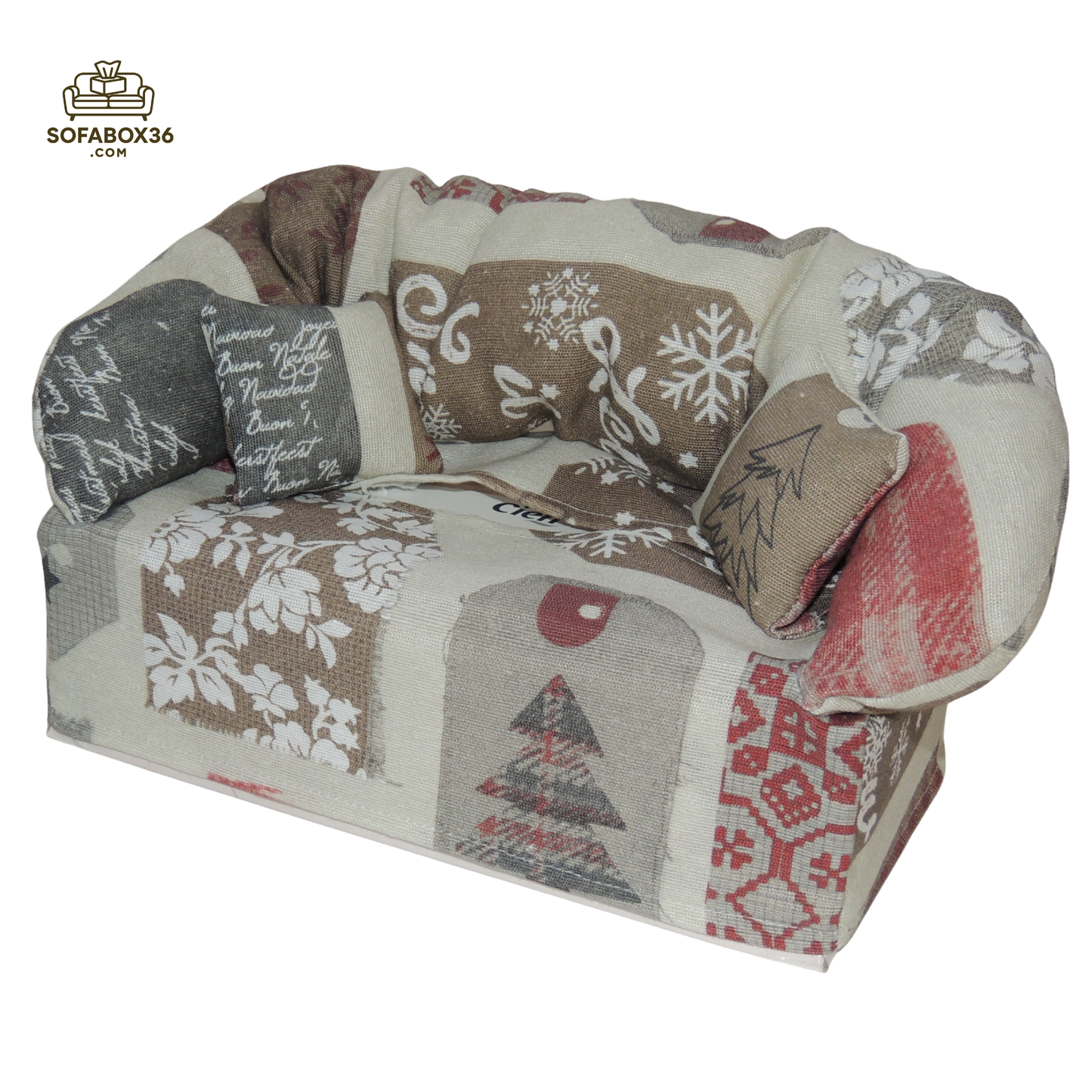 Taschentuchbox Überzug als Sofa dargestellt. Weihnachten
