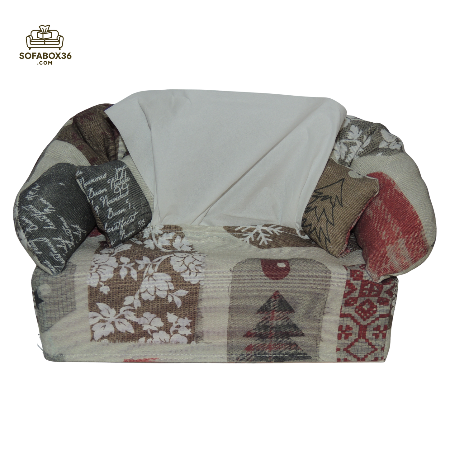 Taschentuchbox Überzug als Sofa dargestellt. Weihnachten