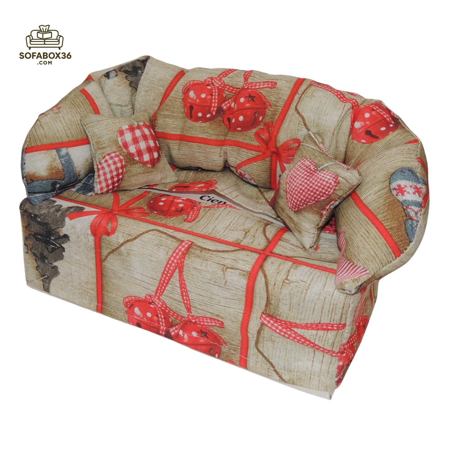 Taschentuchbox Überzug als Sofa dargestellt. Weihnachten