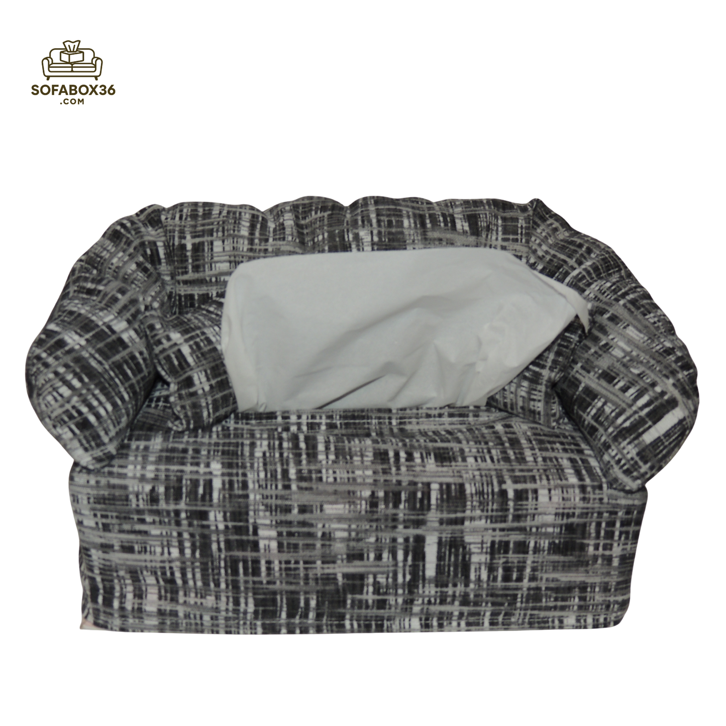 Tissue box cover depicted as a sofa (black and white).
