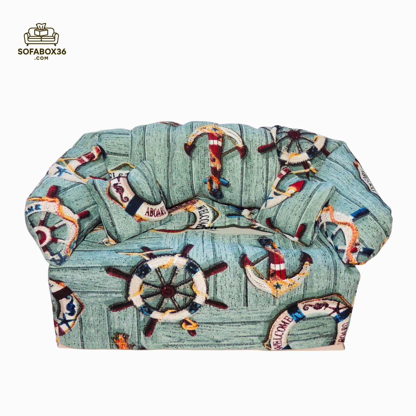 Tissue box cover designed to look like a sofa. Maritime theme.