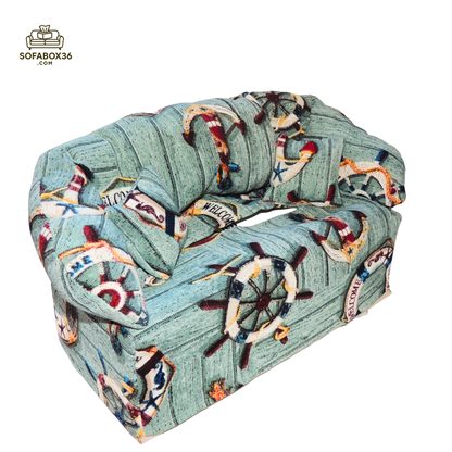 Tissue box cover designed to look like a sofa. Maritime theme.