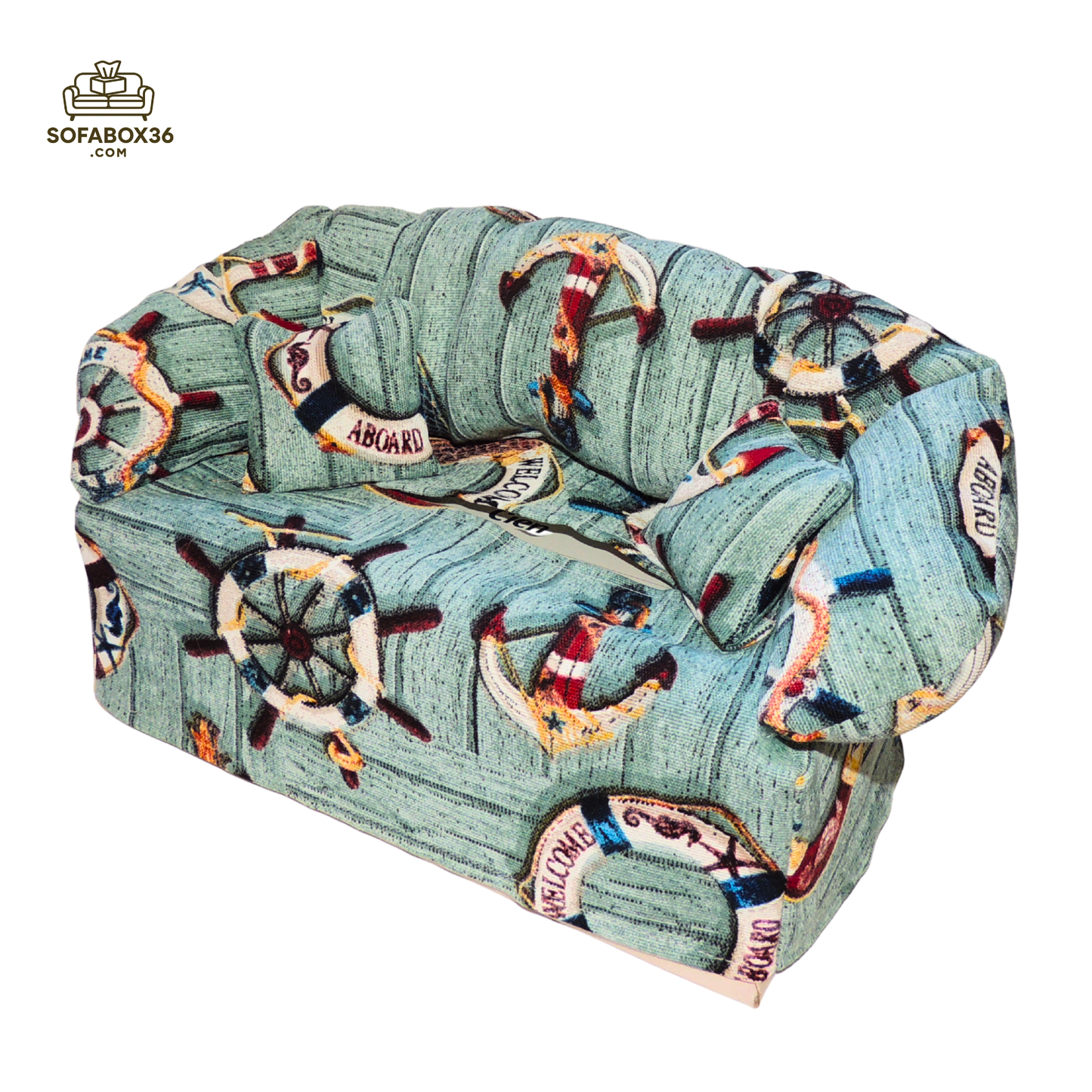 Tissue box cover designed to look like a sofa. Maritime theme.