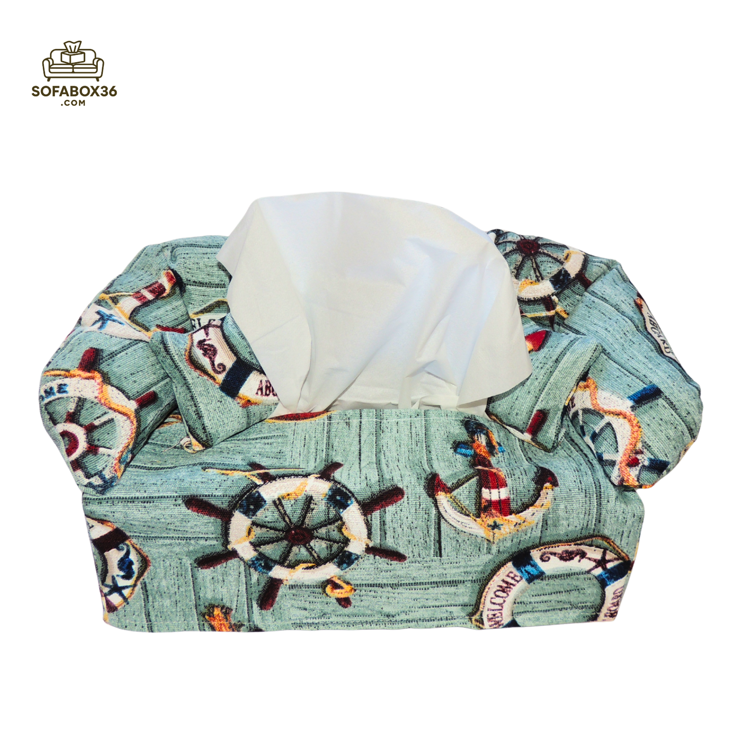 Tissue box cover designed to look like a sofa. Maritime theme.