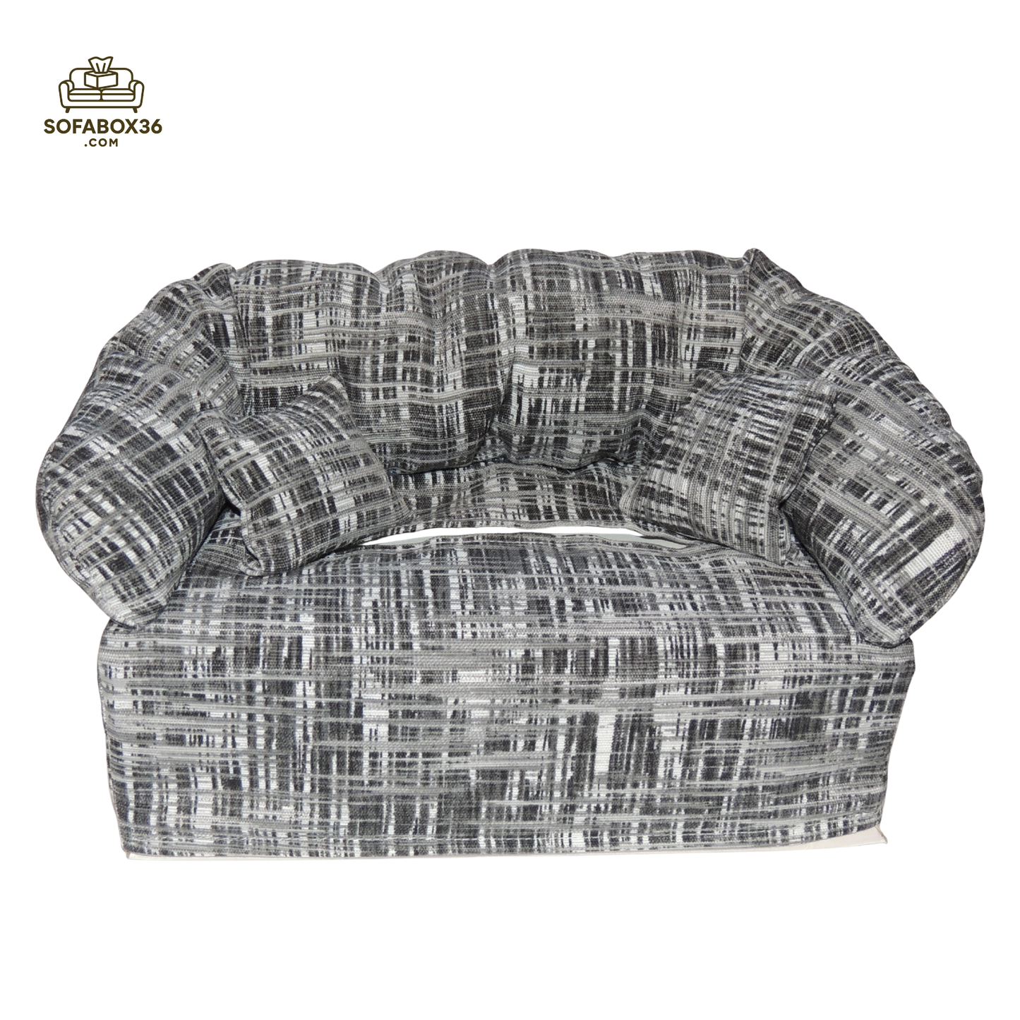 Tissue box cover depicted as a sofa (black and white).